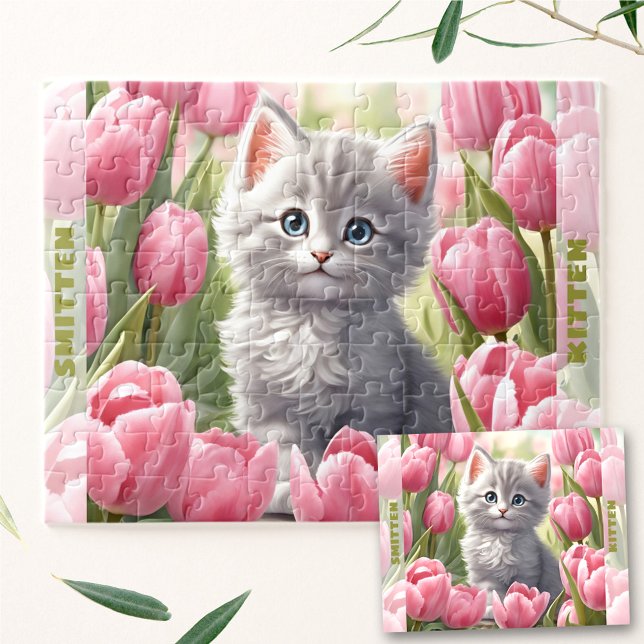 Anpassat namn för Cute Kitten Vår Tulip-Blommigt Pussel (Cute Kitten Cat Spring Tulip Floral Custom Name Jigsaw Puzzle)