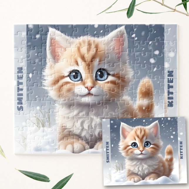 Anpassat namn för Cute Kitten Winter Snö Pussel (Cute Kitten Cat Winter Snow Custom Name Jigsaw Puzzle)