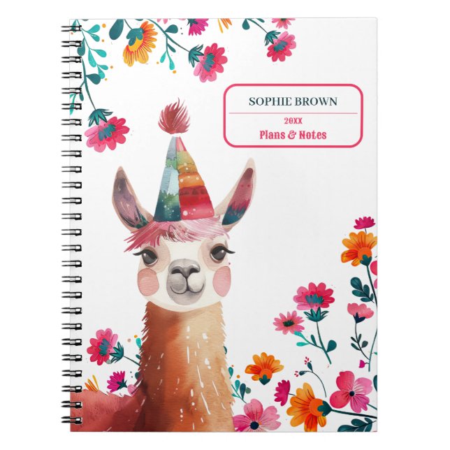 Anpassat namn för Cute Lama Rosa Blommigt Anteckningsbok (Framsidan)