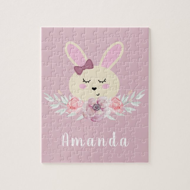 Anpassat namn för Cute Lila Bunny Rabbit Kids Pussel (Vertikal)