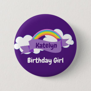 Anpassat namn för Cute Lila Rainbow Birthday Girl Knapp