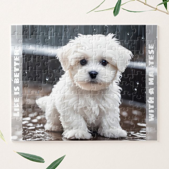 Anpassat namn för Cute Maltese Hund Puppy Fall Rai Pussel (Cute Maltese Dog Puppy Fall Rain Custom Name Jigsaw Puzzle)