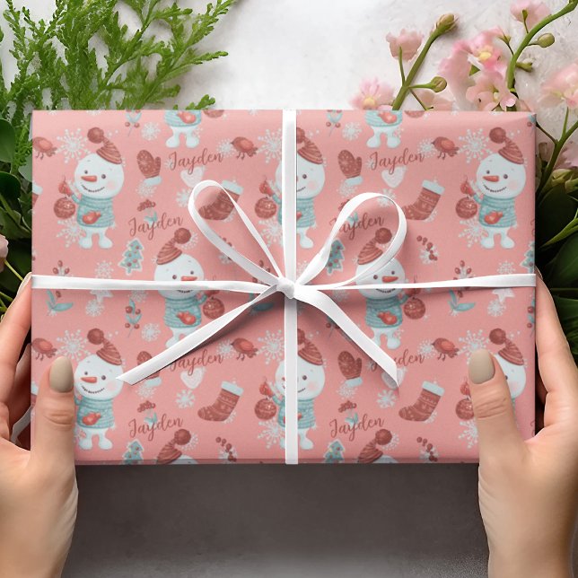 Anpassat namn för Cute Peach Snögubbe Tecknad Girl Presentpapper (Cute Peach Snowman Cartoon Girl Custom Name Wrapping Paper
)