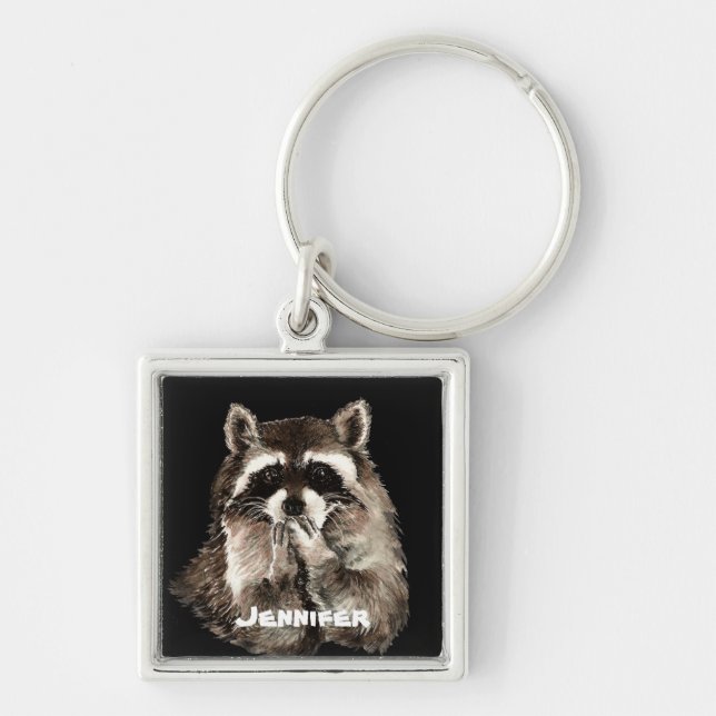 Anpassat namn för Cute Raccoon Blowing Kisses Humo Fyrkantig Silverfärgad Nyckelring (Framsidan)