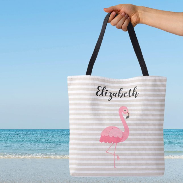 Anpassat namn för Cute Rosa Flamingo Tan Rand Tygkasse (Cute Pink Flamingo Custom Name Tan Stripes Canvas Beach Shopping Travel Tote Bag)