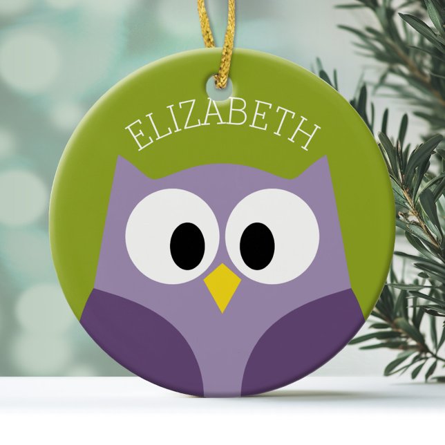 Anpassat namn för Cute Tecknad Uggla Lila och Pist Julgransprydnad Keramik (Personalized Owl Ornament)