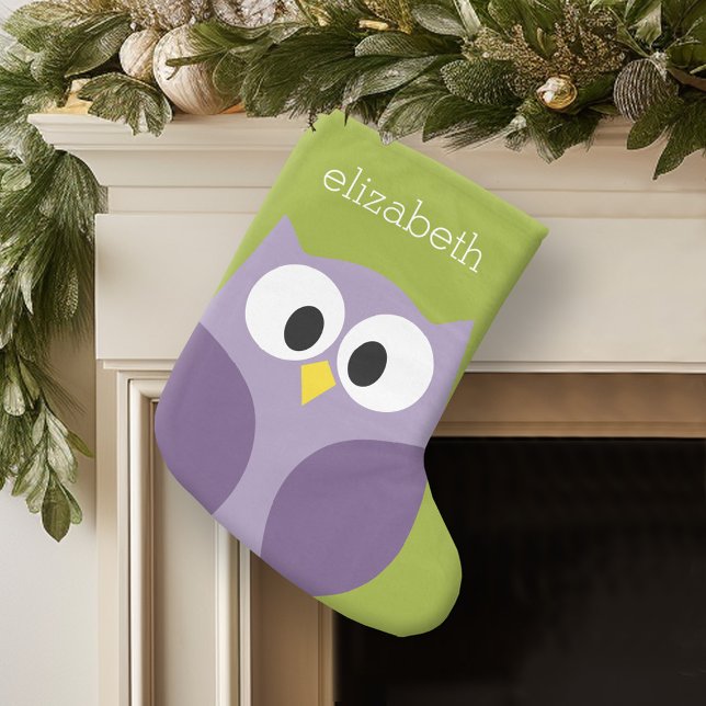 Anpassat namn för Cute Tecknad Uggla Lila och Pist Liten Julstrumpa (Personalized Christmas Stocking)