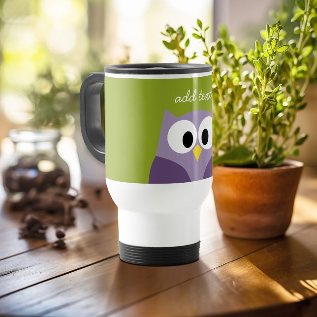 Anpassat namn för Cute Tecknad Uggla Lila och Pist Resemugg (Personalized travel mug - add photos and text or customize completely)