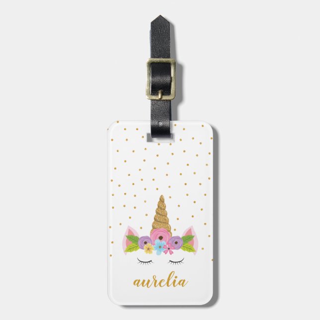 Anpassat namn för Cute Unicorn Guld Glitter Girly Bagagebricka (Vertikal Framsida)