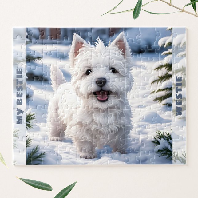 Anpassat namn för Cute White Hund Westie Winter Sn Pussel (Cute White Dog Westie Winter Snow Custom Name Jigsaw Puzzle)