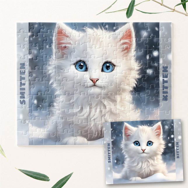Anpassat namn för Cute White Kitten Winter Snö Pussel (Cute White Kitten Cat Winter Snow Custom Name Jigsaw Puzzle)