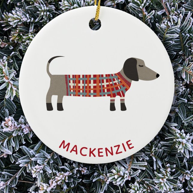 Anpassat namn för Dachshund Sause Hund Julgransprydnad Keramik (Dachshund Wiener Sausage Dog fun personalized name Christmas ornament)
