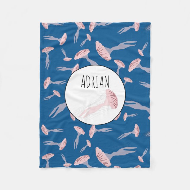 Anpassat namn för Deep Blue Ocean Jellyfish Mönste Fleecefilt (Framsidan)