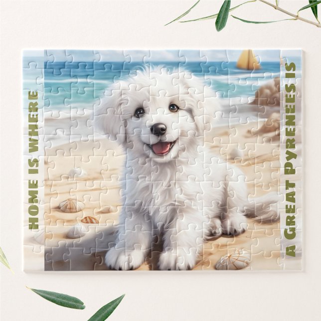 Anpassat namn för den Underbara Pyrenéerna-dockan  Pussel (Cute Dog Great Pyrenees White Puppy Custom Name Jigsaw Puzzle)