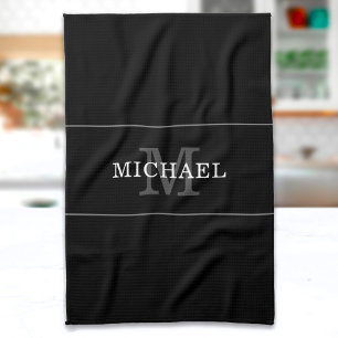Anpassat namn för elegant Black Silver Monogram Kökshandduk