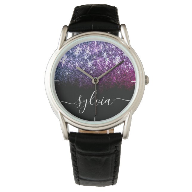 Anpassat namn för elegant Lumined Mörk Lila Glitte Armbandsur (Framsida)