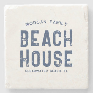 Anpassat namn för familjen Beach House White Navy  Stenunderlägg
