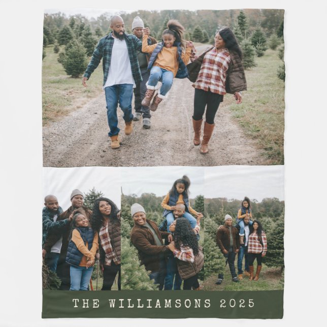 Anpassat namn för Family 4 Photo Collage Grönt jul Fleecefilt (Framsidan)