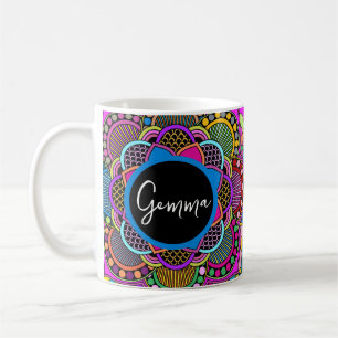 Anpassat namn för färglöst regnbåge Mandala Doodle Kaffemugg