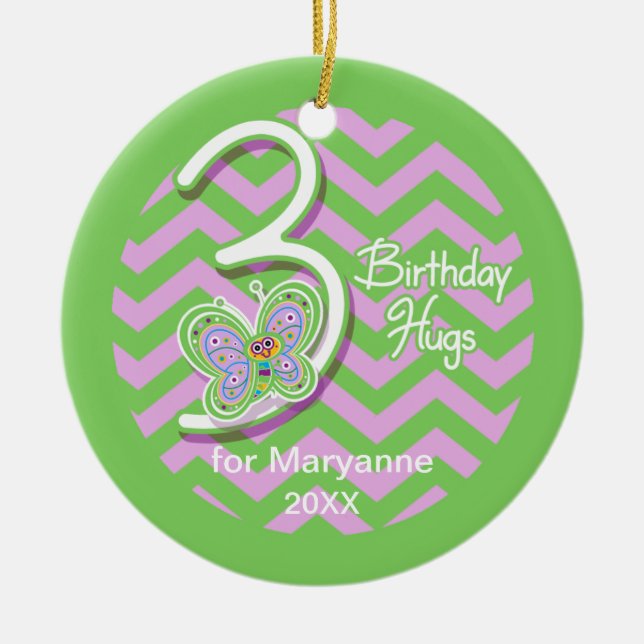 Anpassat namn för fjäril Hugs från tredje födelsed Julgransprydnad Keramik (Framsidan)