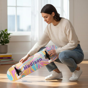 Anpassat namn för Girly Modern Marble Swirl-Lila Mini Skateboard Bräda 18,5 Cm