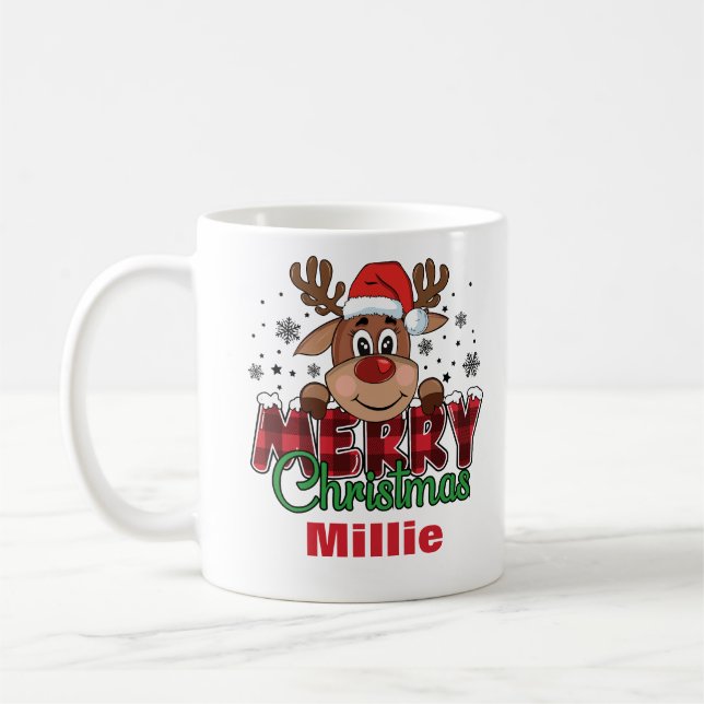 Anpassat namn för god jul Reindeer Santa Hat Kaffemugg (Vänster)
