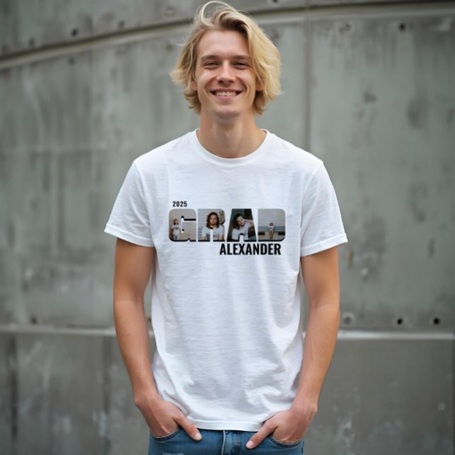 Anpassat namn för GRAD FET Student 4 Foton T Shirt (GRAD Bold Type Graduate Four Photos Custom Name Tri-Blend Shirt)