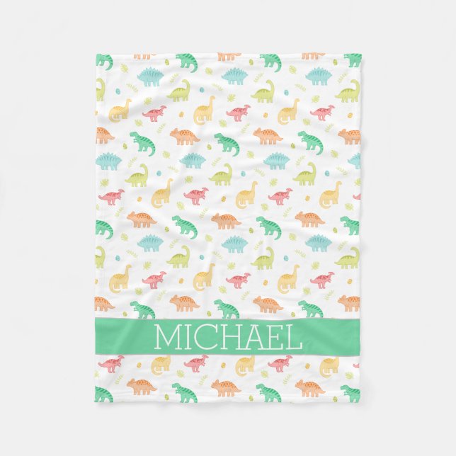 Anpassat namn för grönt Blue Dinosaur Mönster Fleecefilt (Framsidan)