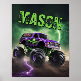 Anpassat namn för grönt och Lila Monster Lastbil P Poster