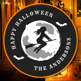 Anpassat namn för happy halloween Witch Riding Bro Runt Klistermärke