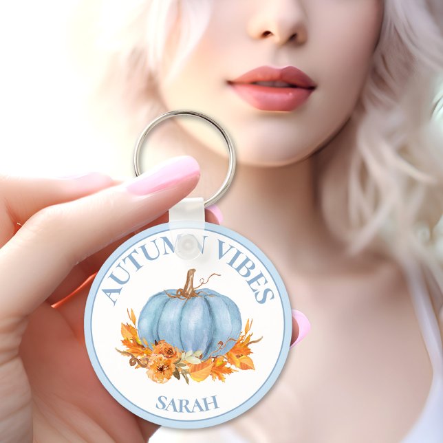 Anpassat namn för hösten Vibes Blue Pumpkin Fall Nyckelring (Autumn Vibes Blue Pumpkin Fall Custom Name Keychain)