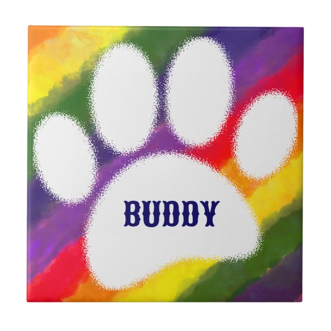 Anpassat namn för hund pawprint Rainbow Watercolor Kakelplatta (Framsidan)