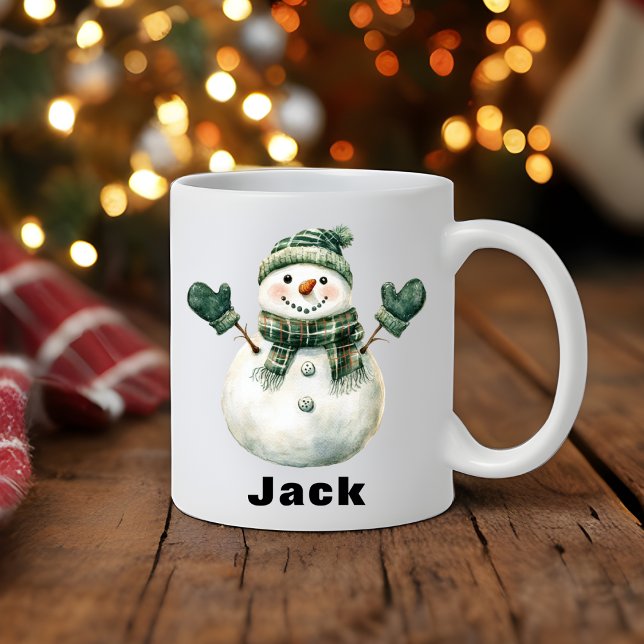 Anpassat namn för julnamn i Grönten Snögubbe Kaffemugg (Christmas Snowman Green Hat Custom Name Coffee Mug
)