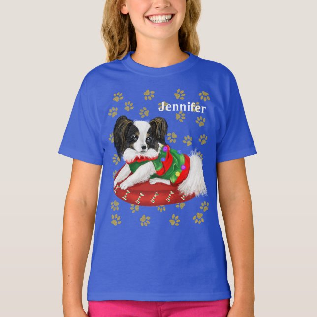 Anpassat namn för Julpapillon Puppy T Shirt (Framsida)