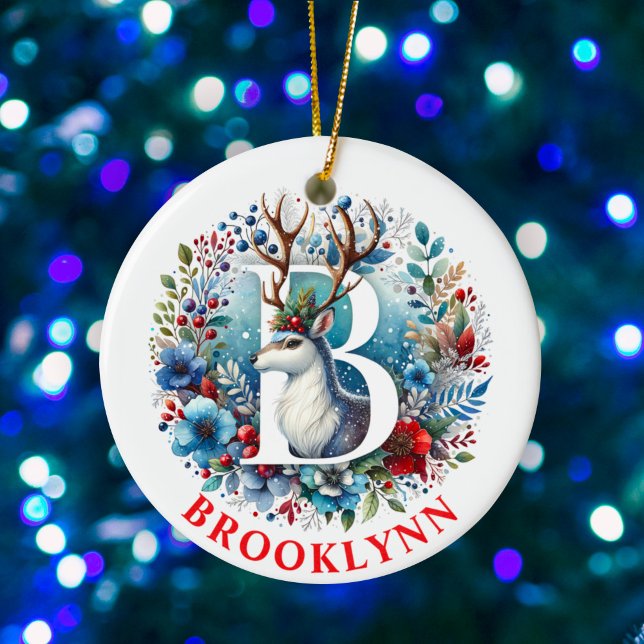 Anpassat namn för julrenar Monogram Brev B Julgransprydnad Keramik (Skapare uppladdad)