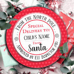 Anpassat namn för julverksworkshop runt klistermärke<br><div class="desc">Santa's Workshop Elf Inspection # valfritt antal och anpassningsbar ungar namn. Roligtens klistermärken att lägga till i barngåvor!</div>