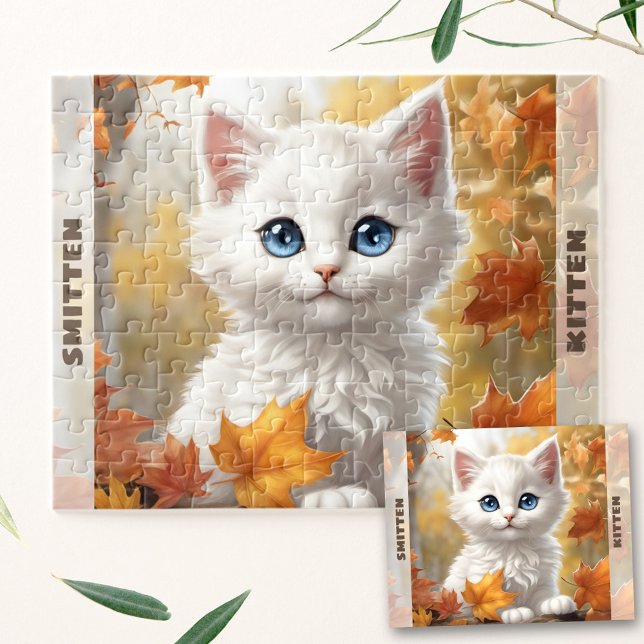 Anpassat namn för kattkattkattkatthösten pussel (Cute White Cat Kitten Fall Autumn Custom Name Jigsaw Puzzle)