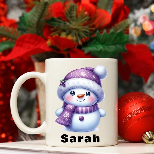 Anpassat namn för Lila Snögubbe Kaffemugg (Christmas Purple Snowman Custom Name Coffee Mug)