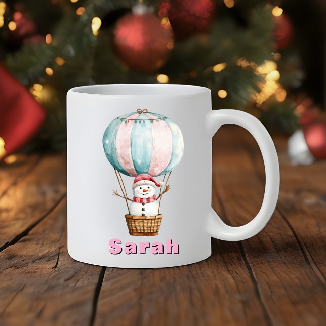 Anpassat namn för luftballong Snögubbe - jul Kaffemugg (Hot Air Balloon Snowman Custom Name Christmas Coffee Mug
)