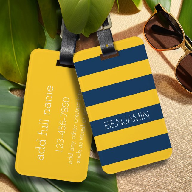 Anpassat namn för marint blått och Gult Rugby Rand Bagagebricka (Personalized luggage tag - Modern Stripe Pattern with custom text)