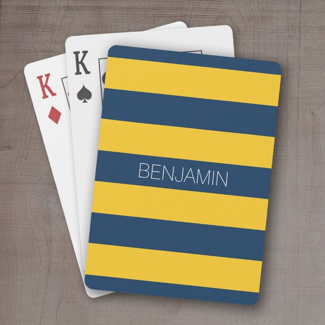 Anpassat namn för marint blått och Gult Rugby Rand Casinokort (Personalized playing cards - sporty, preppy stripe pattern with name. Great gift for the guys!)