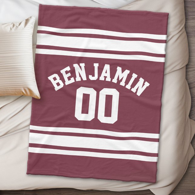 Anpassat namn för Maroon och White Jersey Rand Fleecefilt (Personalized fleece blanket - Sports Theme)