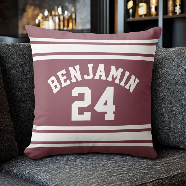 Anpassat namn för Maroon och White Jersey Rand Kudde (Custom Sporty Pillow)