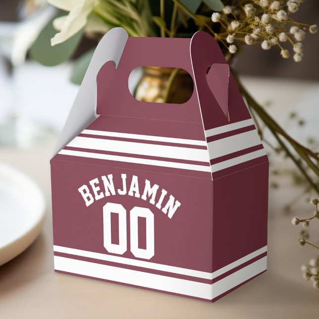 Anpassat namn för Maroon och White Jersey Rand Presentaskar (Personalized favor box - birthday party)