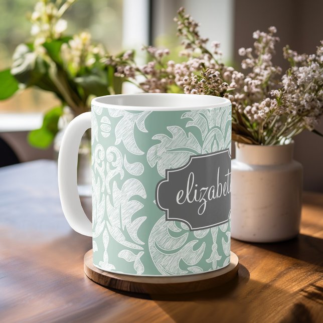 Anpassat namn för Mint och Grått Damask Kaffemugg (Mug template with Monogram)
