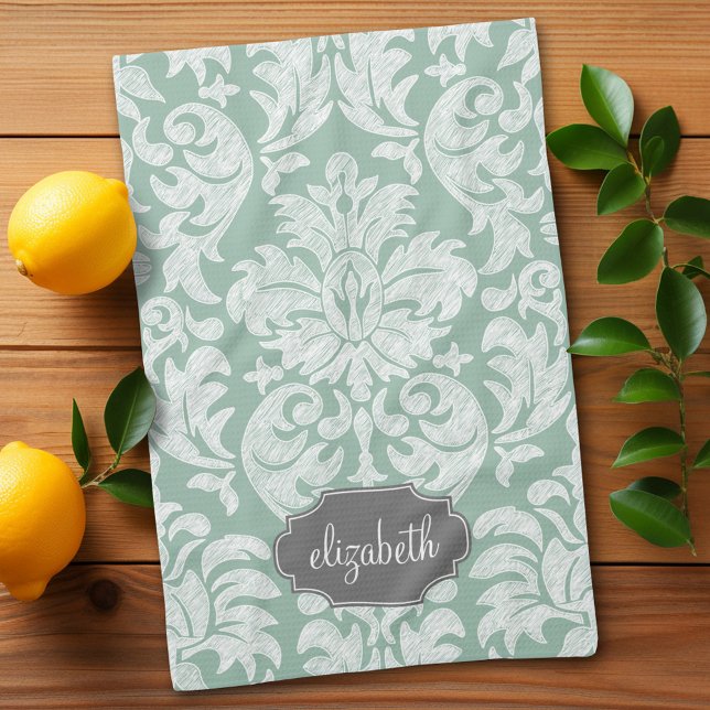 Anpassat namn för Mint och Grått Damask Kökshandduk (Custom kitchen towel)