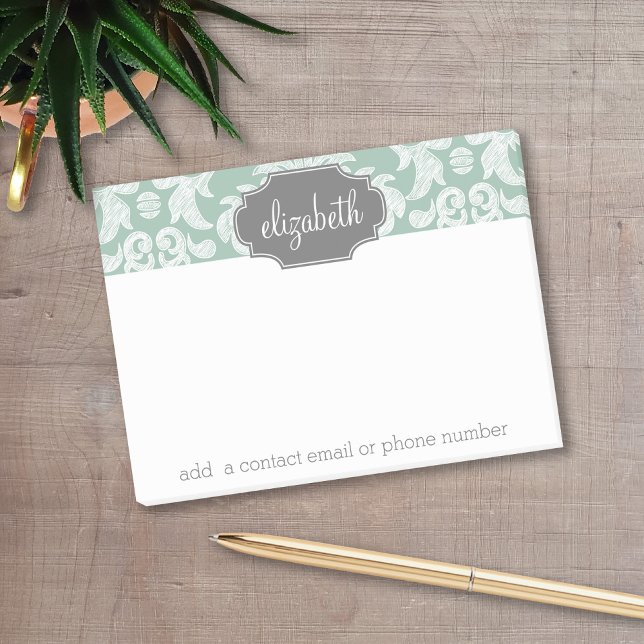 Anpassat namn för Mint och Grått Damask Post-it Block (Personalized post-it notes with a monogram and contact information.)