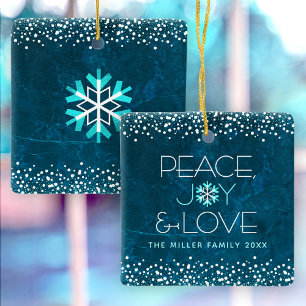 Anpassat namn för Modern Blue Snowflake Peace Joy Julgransprydnad Keramik