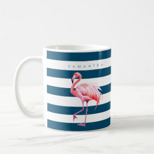 Anpassat namn för Modern Blue White Rand Rosa Flam Kaffemugg