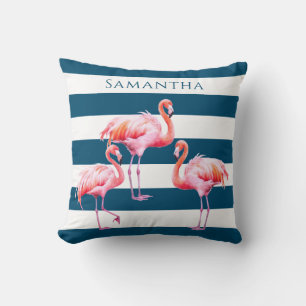 Anpassat namn för Modern Blue White Rand Rosa Flam Kudde